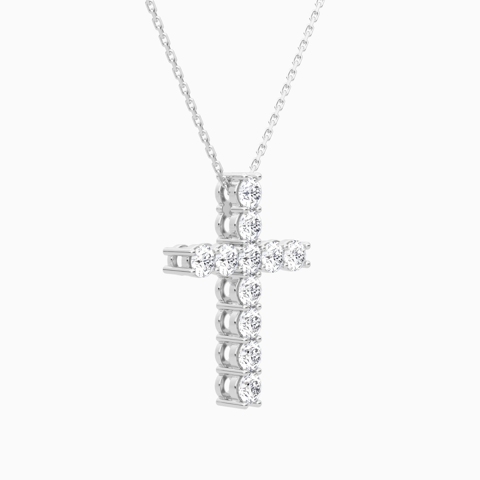 Shared Prong Round Lab Grown Diamond Cross Necklace In 14K White Gold - Front Angle View