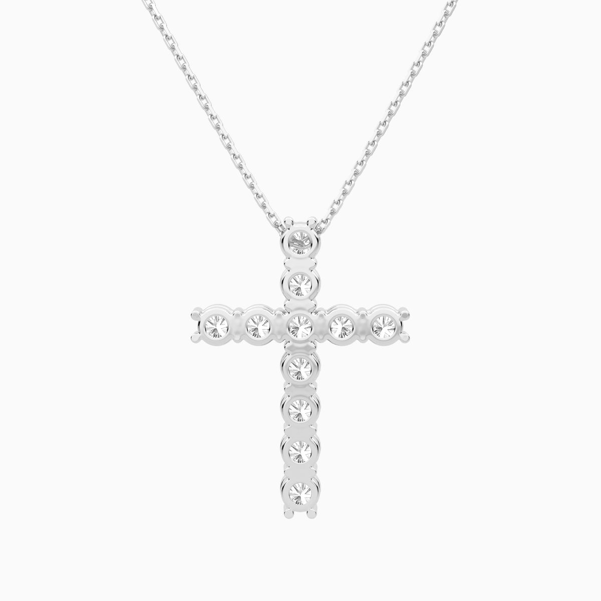 Shared Prong Round Lab Grown Diamond Cross Necklace In 18K White Gold - Back View