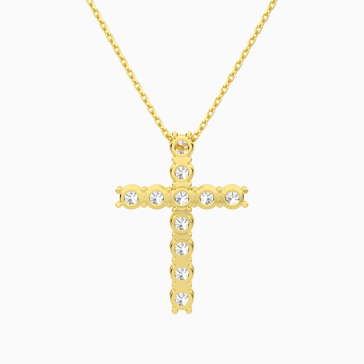Shared Prong Round Lab Grown Diamond Cross Necklace In 18K Yellow Gold - Back View