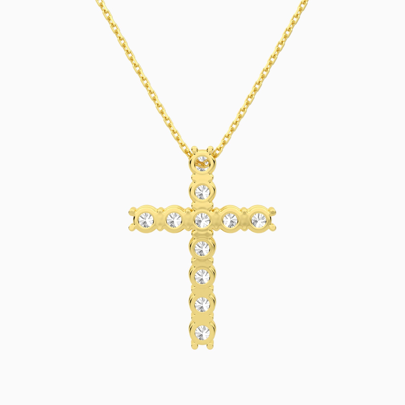 Shared Prong Round Lab Grown Diamond Cross Necklace In 18K Yellow Gold - Back View