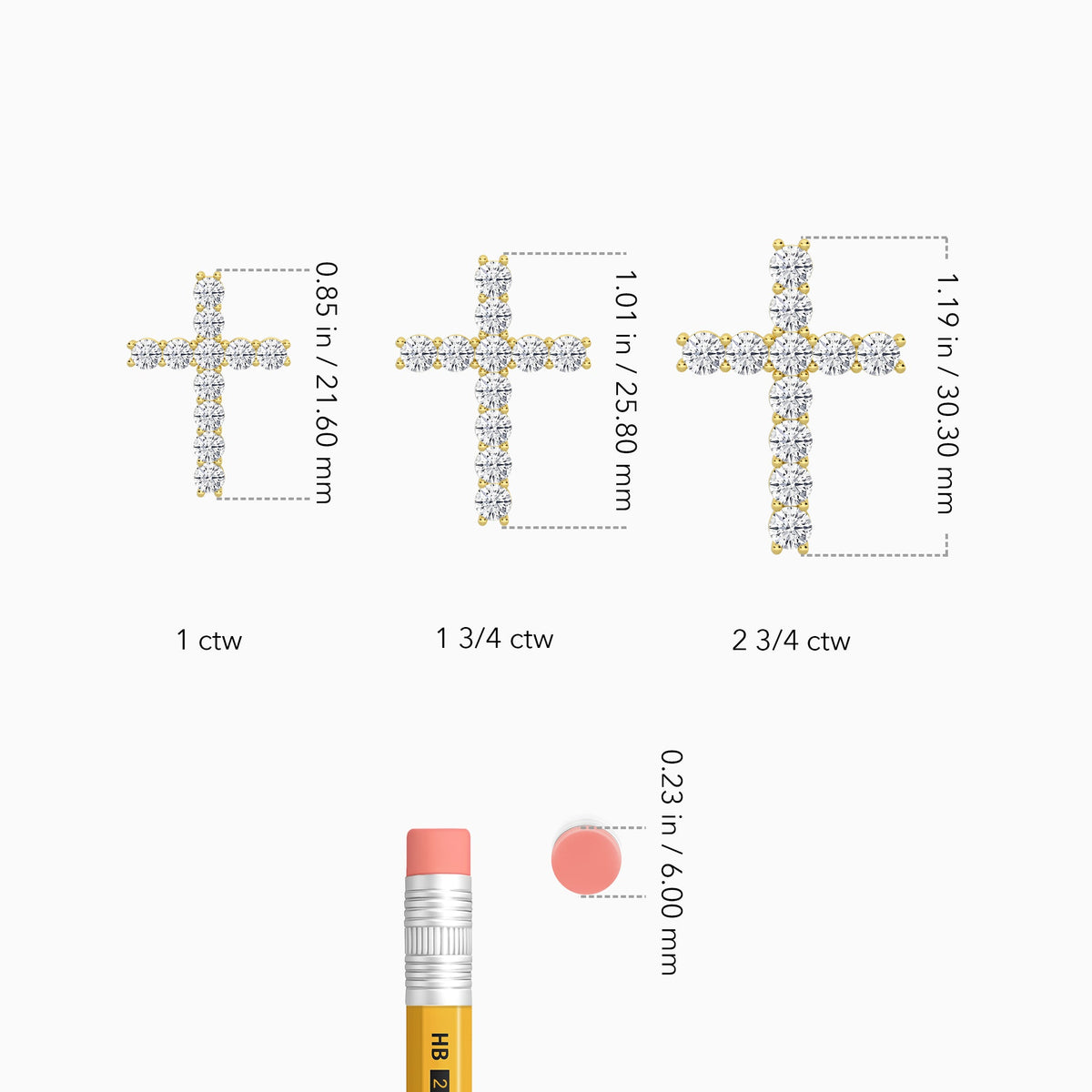 Shared Prong Round Lab Grown Diamond Cross Necklace In 14K Yellow Gold - Size Comparison