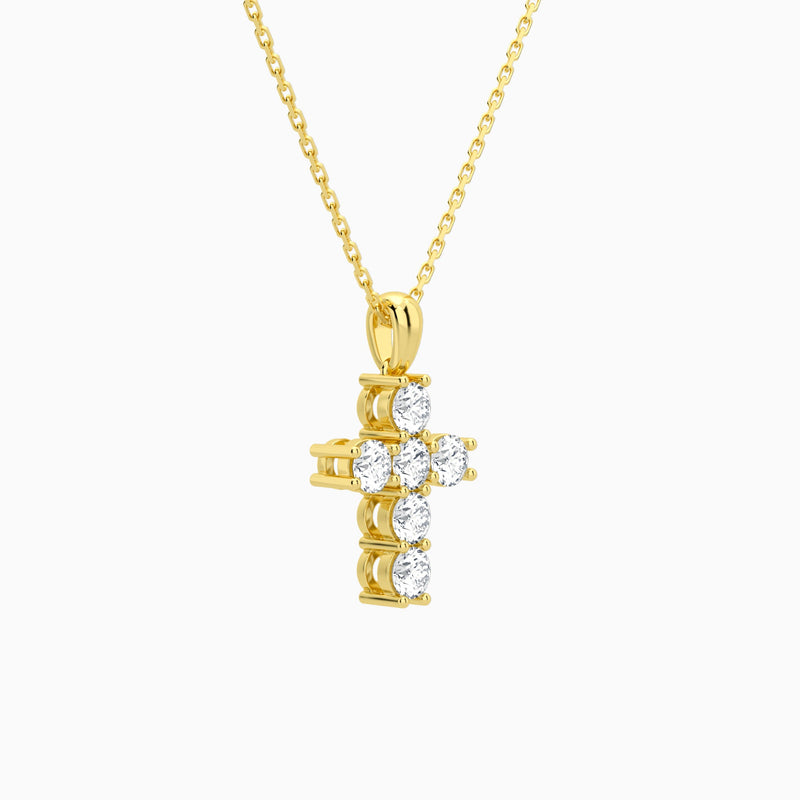 Round Lab Grown Diamond Cross Pendant Necklace In 18K Yellow Gold - Front Angle View