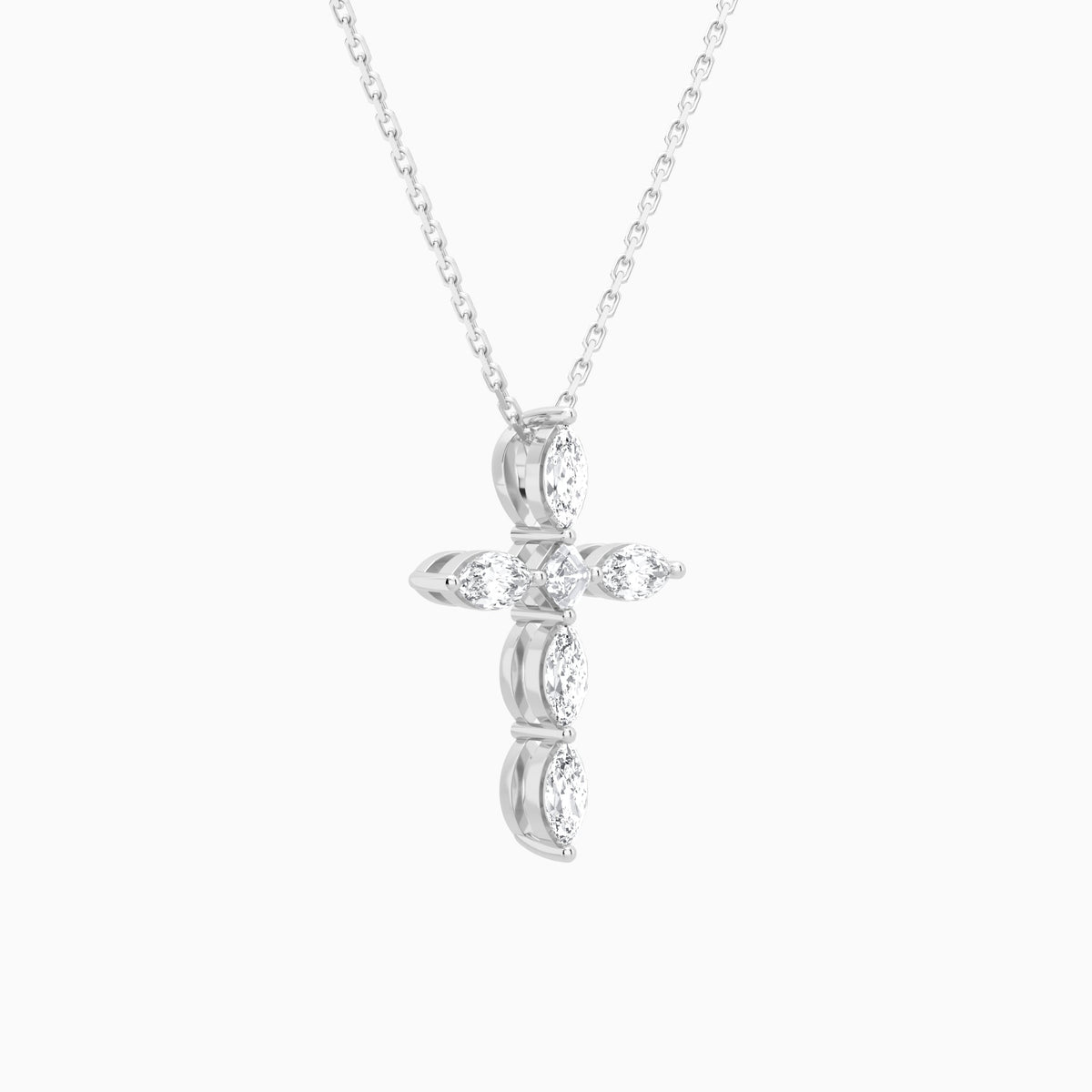 Marquise and Asscher Lab Grown Diamond Cross Necklace In 18K White Gold - Front Angle View
