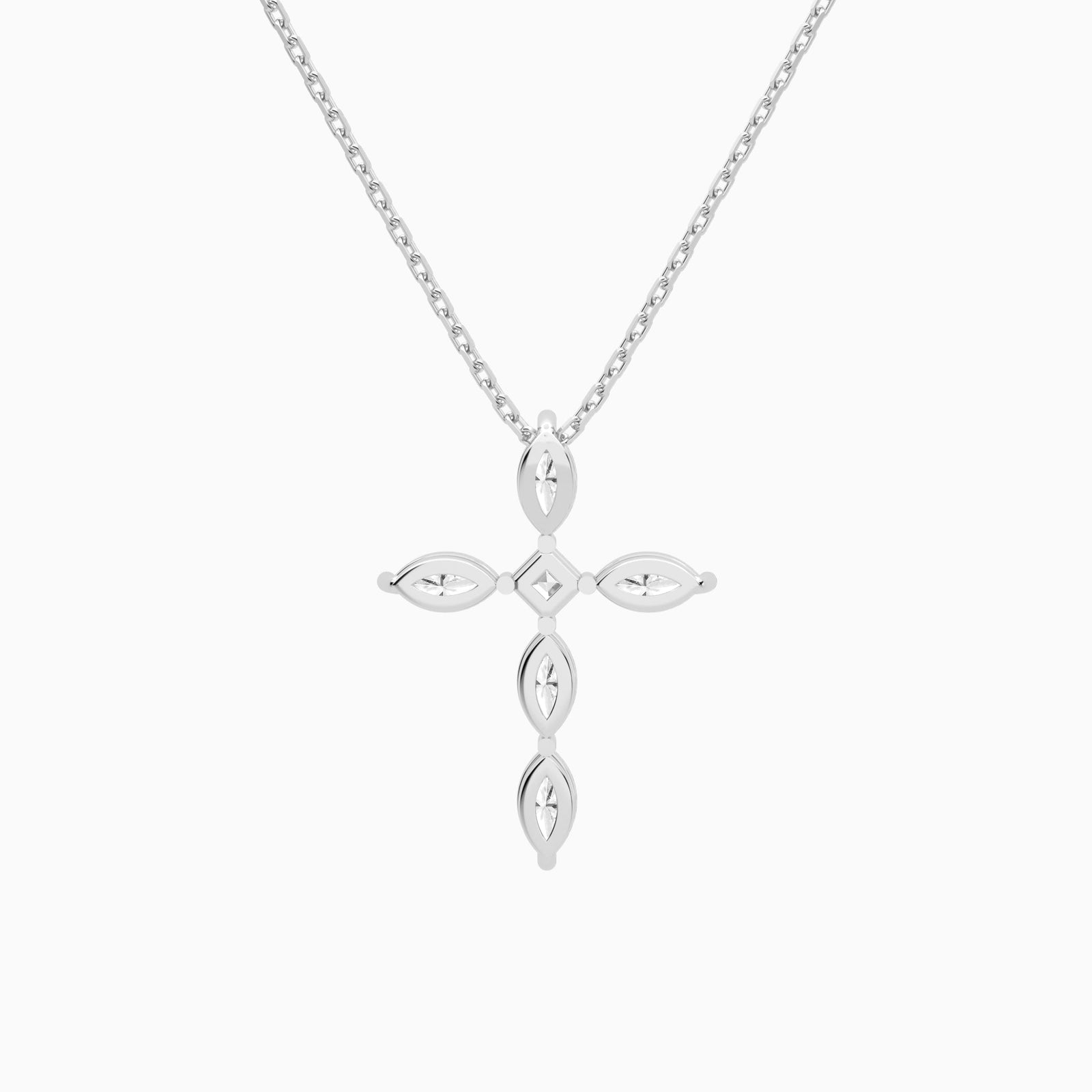 Marquise and Asscher Lab Grown Diamond Cross Necklace In 18K White Gold - Back View