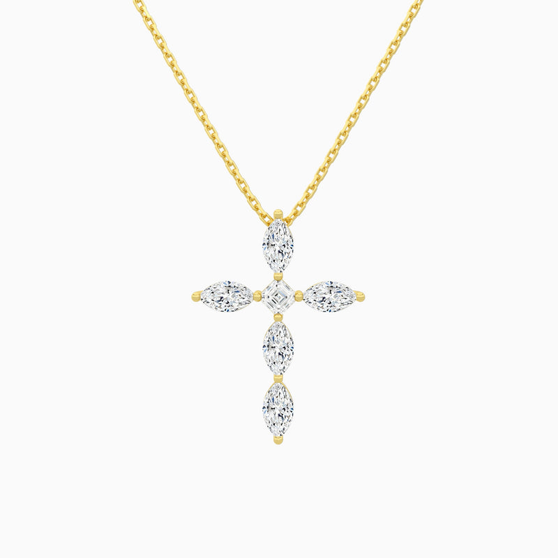 Marquise and Asscher Lab Grown Diamond Cross Necklace In 14K Yellow Gold - Lucenjuri