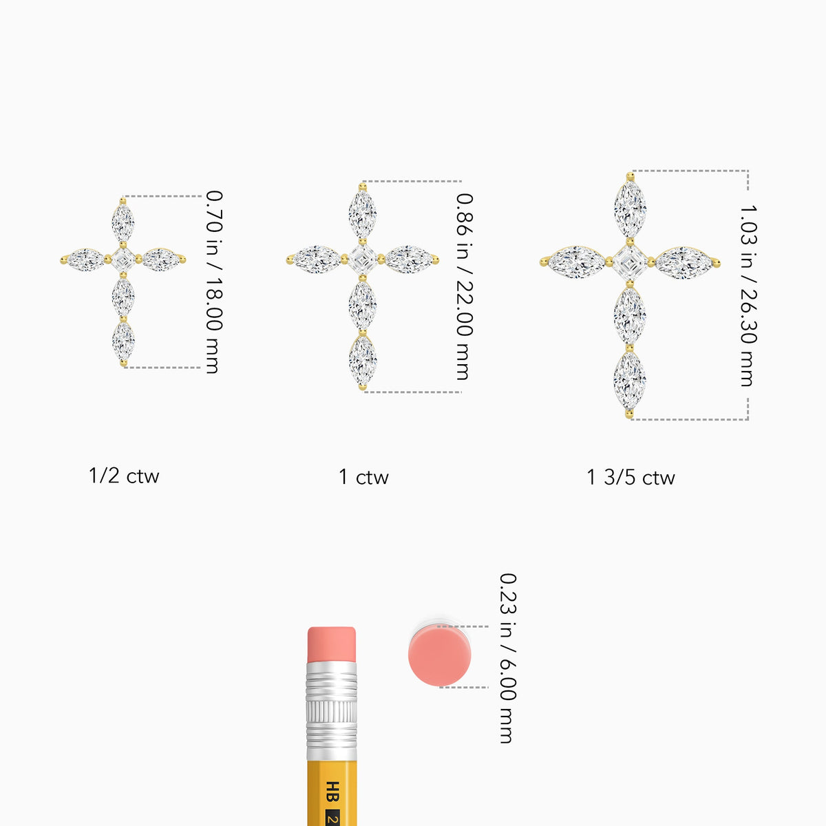 Marquise and Asscher Lab Grown Diamond Cross Necklace In 18K Yellow Gold - Size Comparison