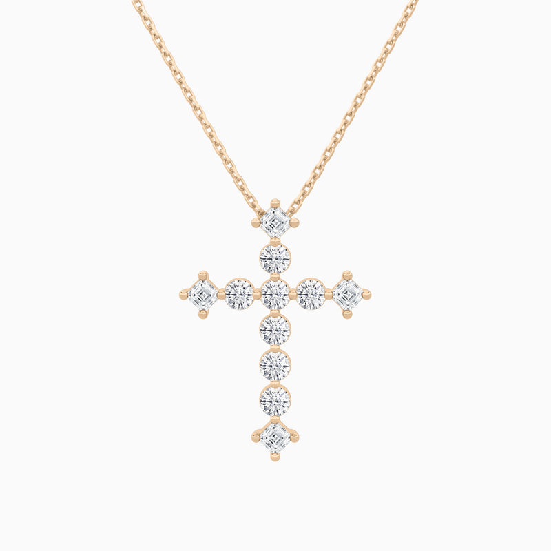 Round and Asscher Lab Grown Diamond Cross Pendant Necklace In 14K Rose Gold - Lucenjuri