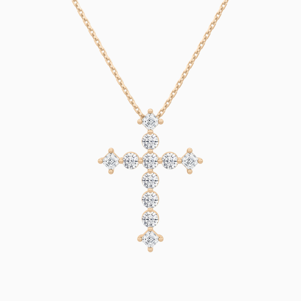 Round and Asscher Lab Grown Diamond Cross Pendant Necklace In 14K Rose Gold - Lucenjuri