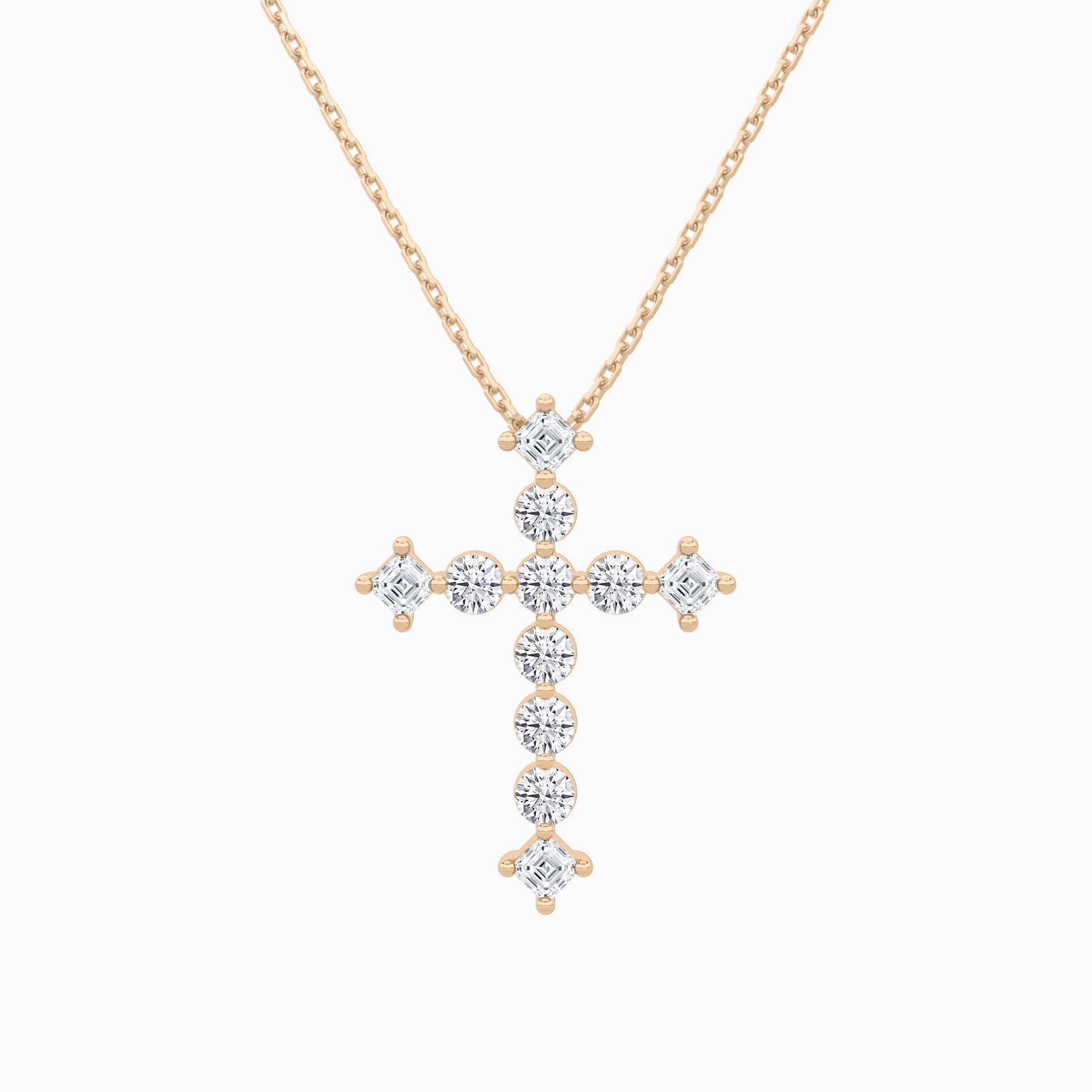 Round and Asscher Lab Grown Diamond Cross Pendant Necklace In 14K Rose Gold - Lucenjuri