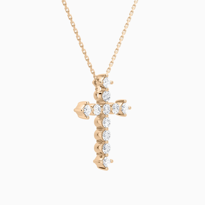 Round and Asscher Lab Grown Diamond Cross Pendant Necklace In 14K Rose Gold - Front Angle View
