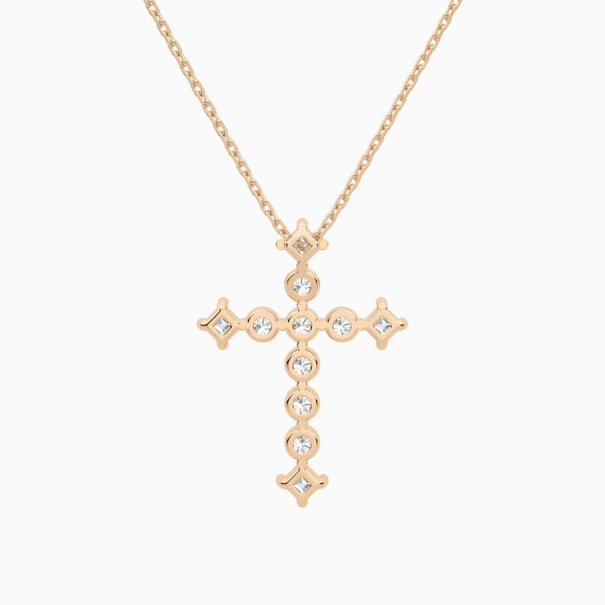 Round and Asscher Lab Grown Diamond Cross Pendant Necklace In 14K Rose Gold - Back View