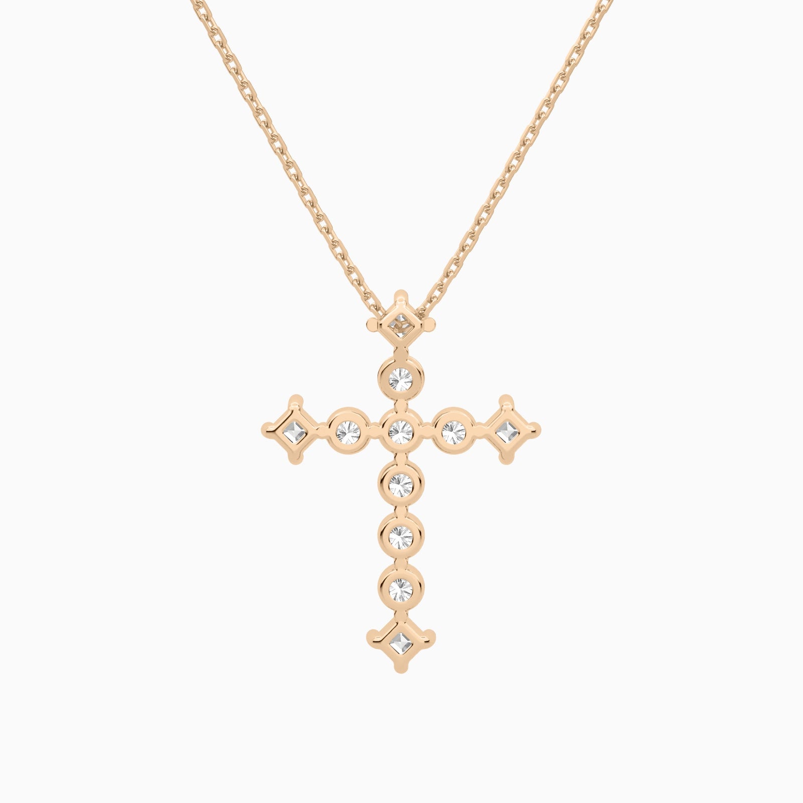 Round and Asscher Lab Grown Diamond Cross Pendant Necklace In 14K Rose Gold - Back View