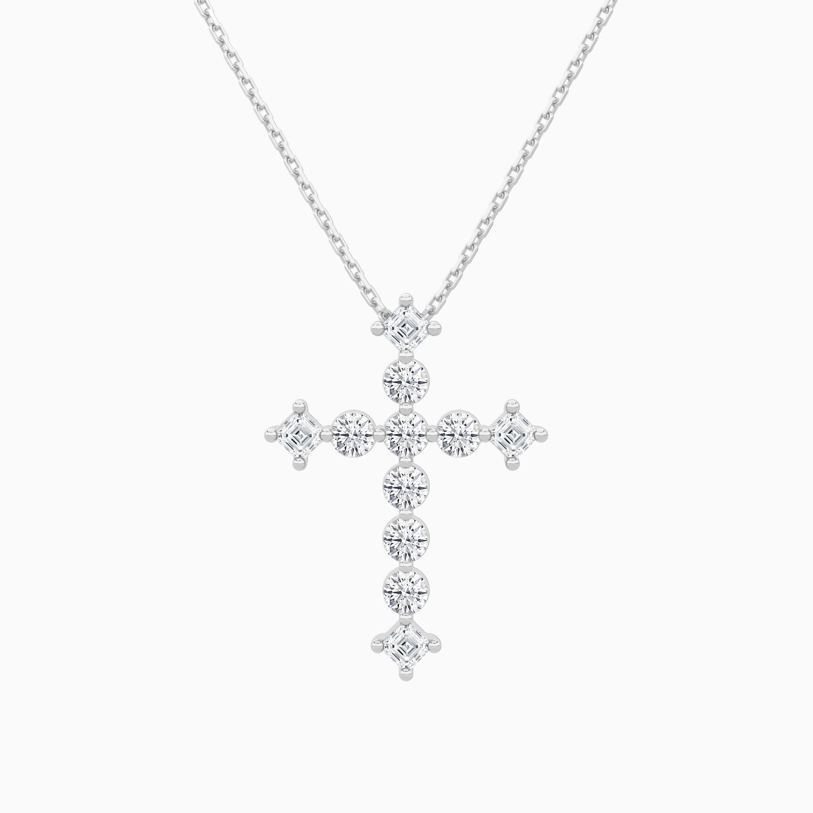 Round and Asscher Lab Grown Diamond Cross Pendant Necklace In 14K White Gold - Lucenjuri