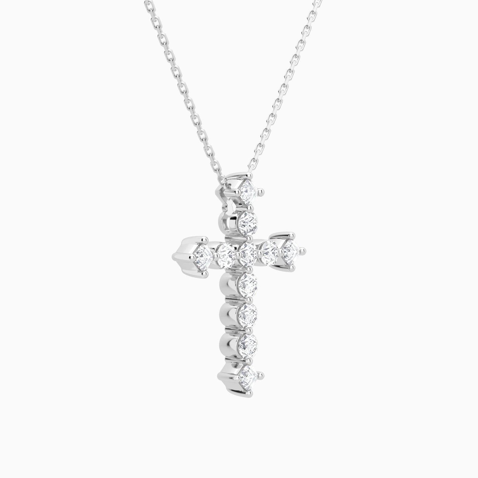 Round and Asscher Lab Grown Diamond Cross Pendant Necklace In 14K White Gold - Front Angle View