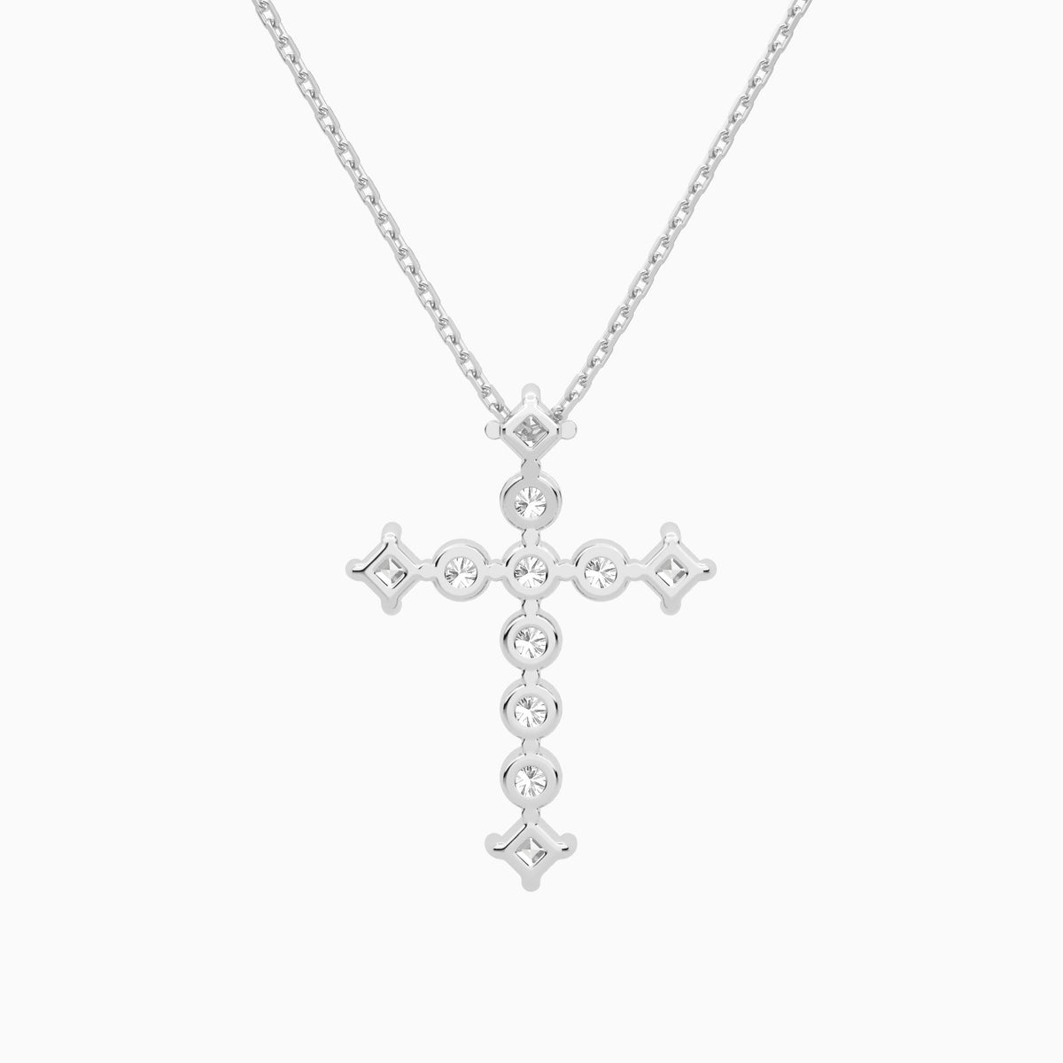 Round and Asscher Lab Grown Diamond Cross Pendant Necklace In 14K White Gold - Back View