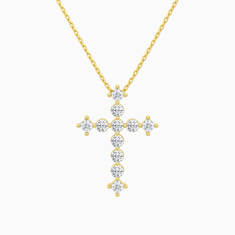 Round and Asscher Lab Grown Diamond Cross Pendant Necklace In 18K Yellow Gold - Lucenjuri