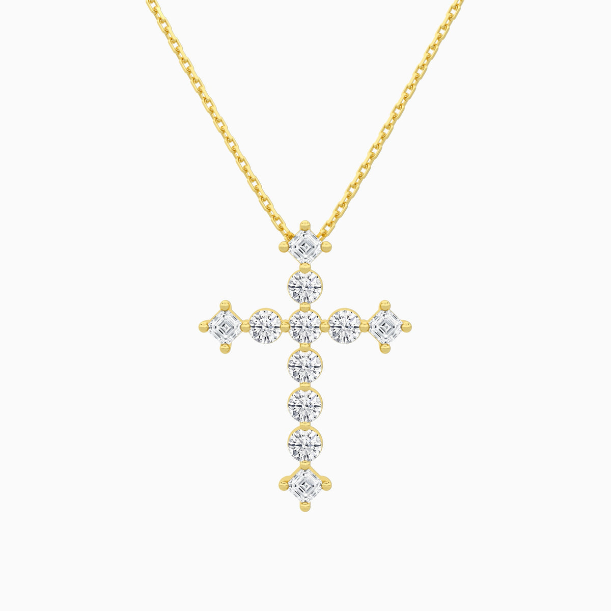 Round and Asscher Lab Grown Diamond Cross Pendant Necklace In 18K Yellow Gold - Lucenjuri