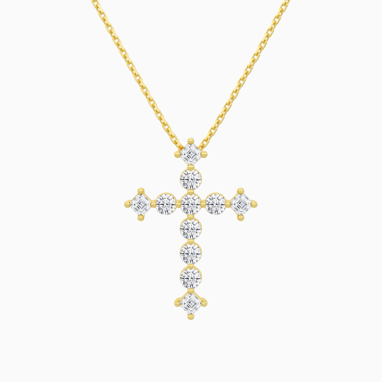 Round and Asscher Lab Grown Diamond Cross Pendant Necklace In 18K Yellow Gold - Lucenjuri