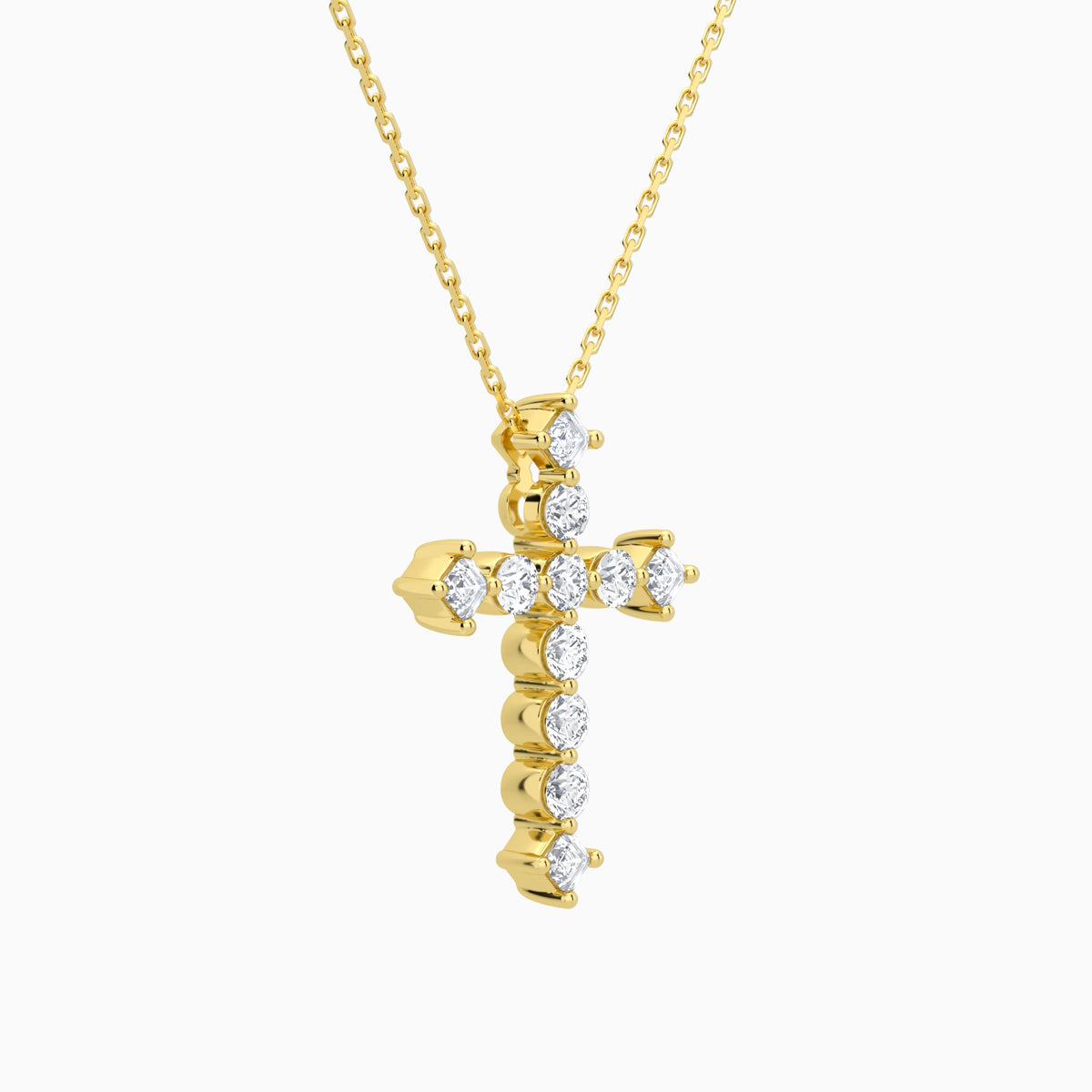 Round and Asscher Lab Grown Diamond Cross Pendant Necklace In 18K Yellow Gold - Front Angle View