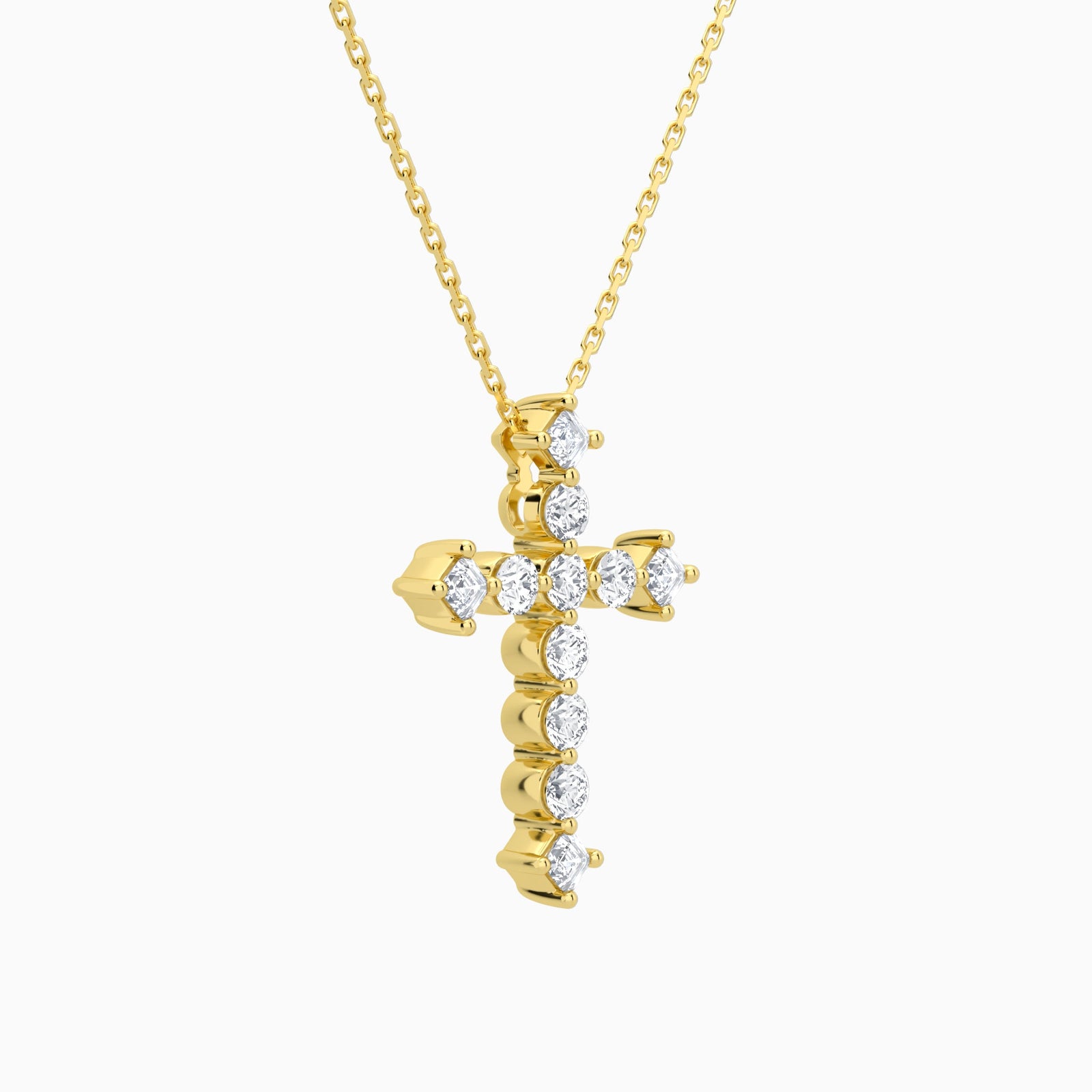 Round and Asscher Lab Grown Diamond Cross Pendant Necklace In 18K Yellow Gold - Front Angle View