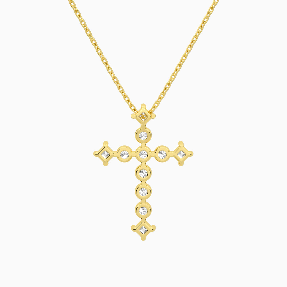 Round and Asscher Lab Grown Diamond Cross Pendant Necklace In 18K Yellow Gold - Back View