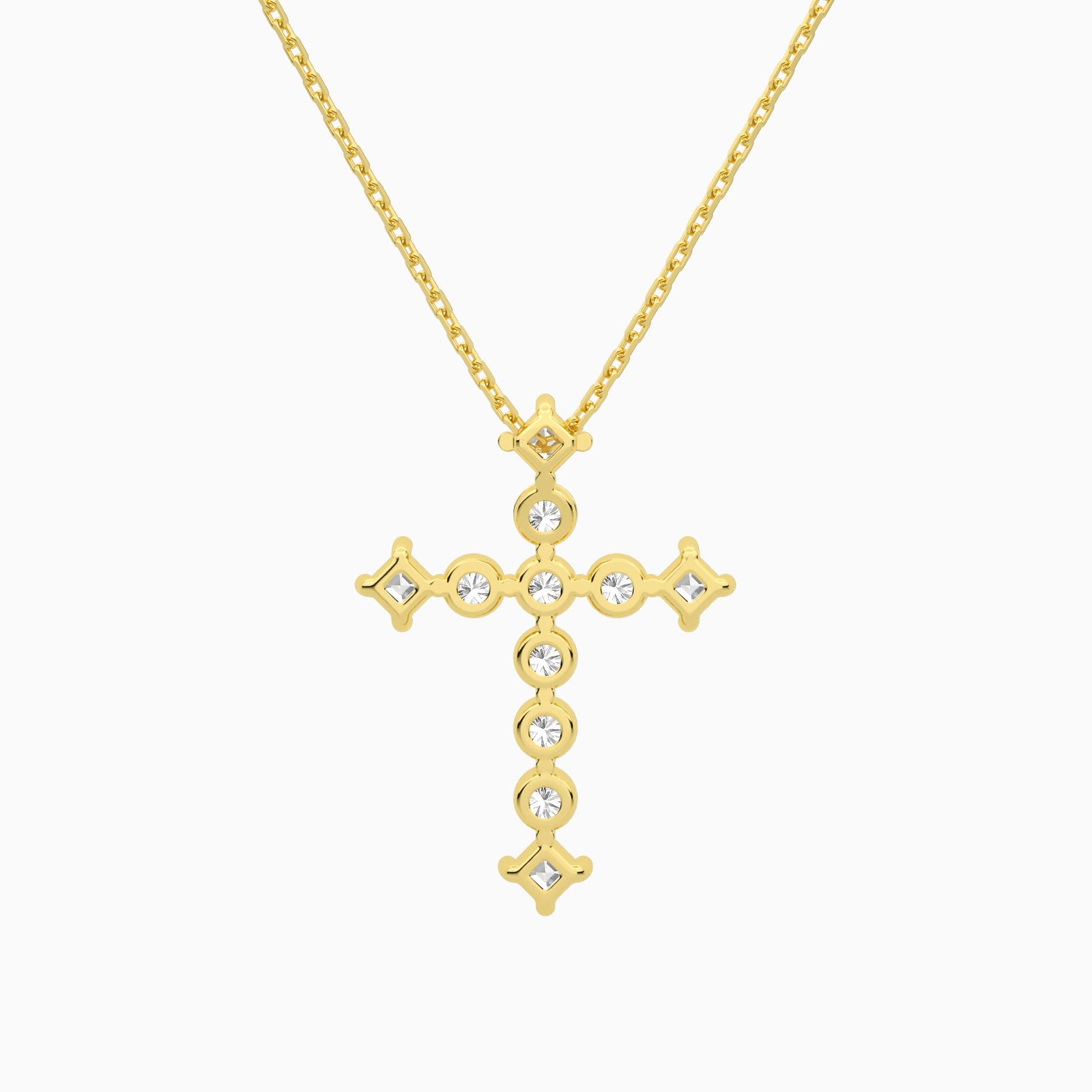 Round and Asscher Lab Grown Diamond Cross Pendant Necklace In 18K Yellow Gold - Back View