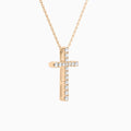 Round Lab Grown Diamond French Pavé Cross Pendant Necklace In 14K Rose Gold - Front Angle View