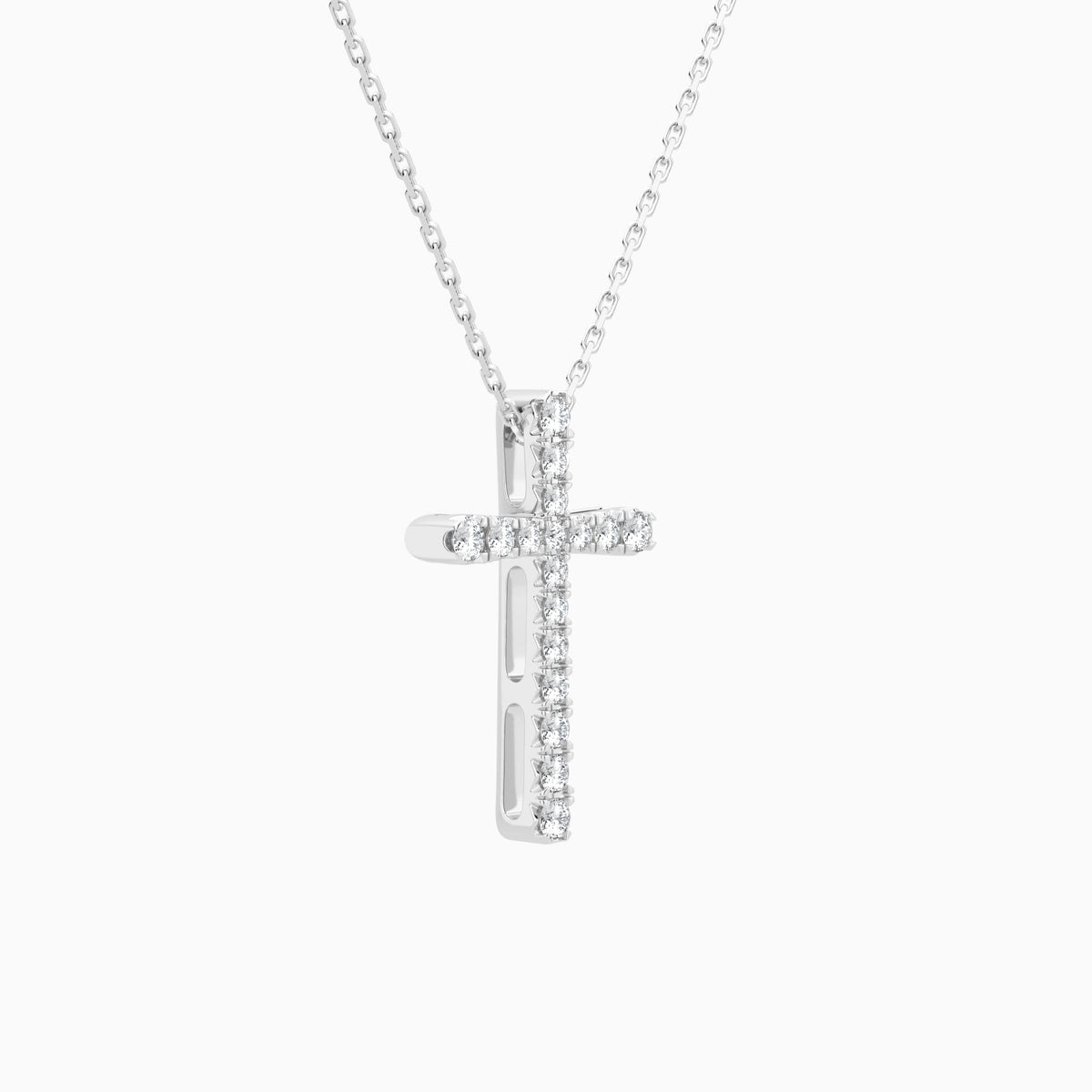 Round Lab Grown Diamond French Pavé Cross Pendant Necklace In 18K White Gold - Front Angle View