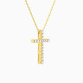 Round Lab Grown Diamond French Pavé Cross Pendant Necklace In 18K Yellow Gold - Front Angle View