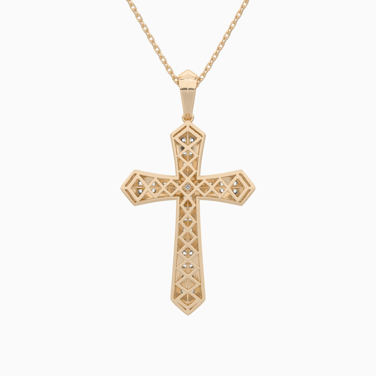 Round Lab Grown Diamond Flare Edge Cross Pendant Necklace In 14K Rose Gold - Back View