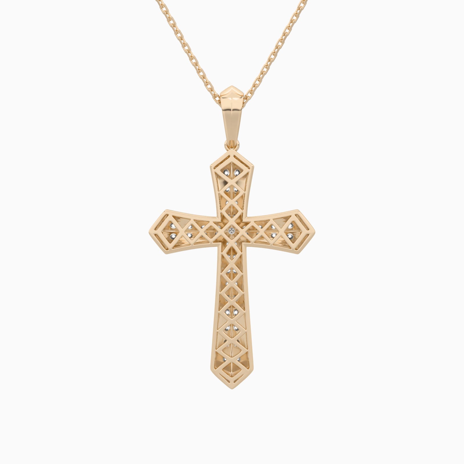 Round Lab Grown Diamond Flare Edge Cross Pendant Necklace In 14K Rose Gold - Back View