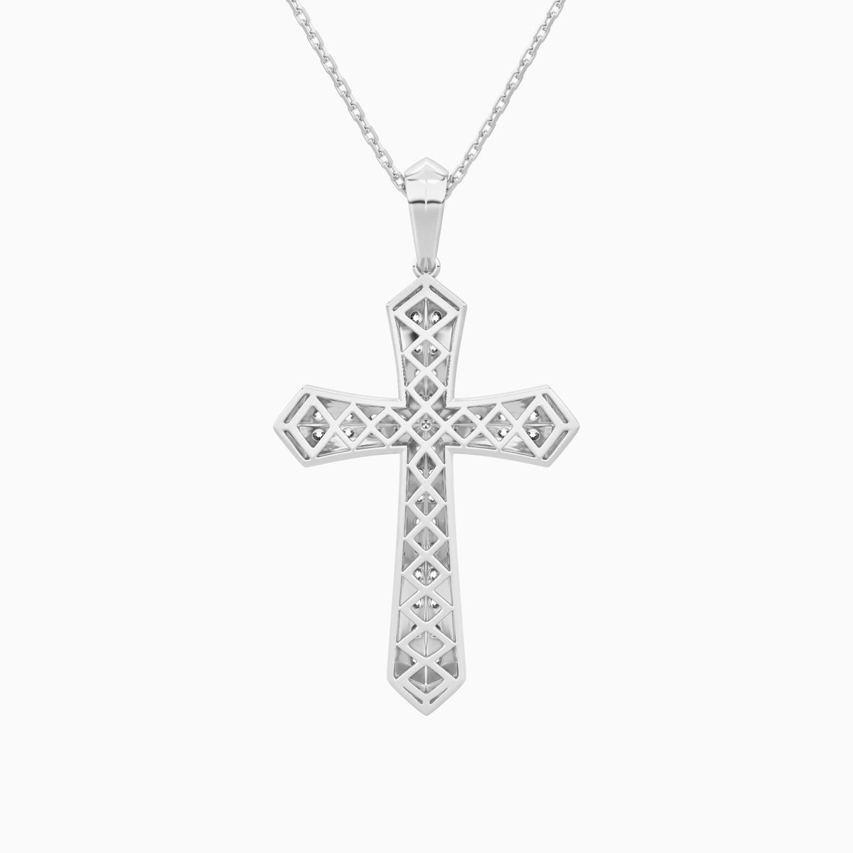Round Lab Grown Diamond Flare Edge Cross Pendant Necklace In 14K White Gold - Back View