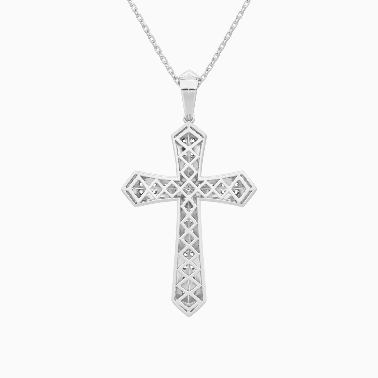 Round Lab Grown Diamond Flare Edge Cross Pendant Necklace In 18K White Gold - Back View