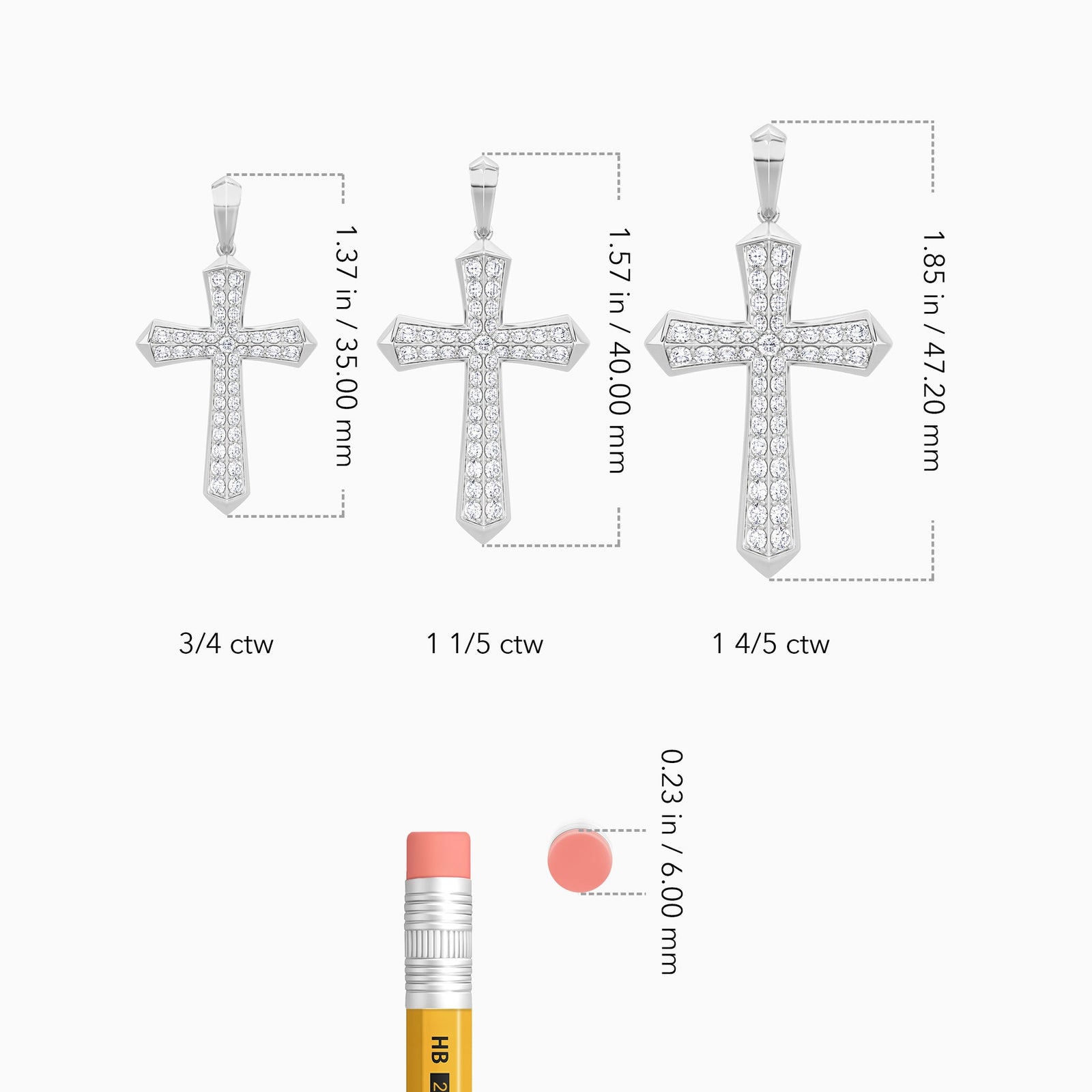 Round Lab Grown Diamond Flare Edge Cross Pendant Necklace In 18K White Gold - Size Comparison