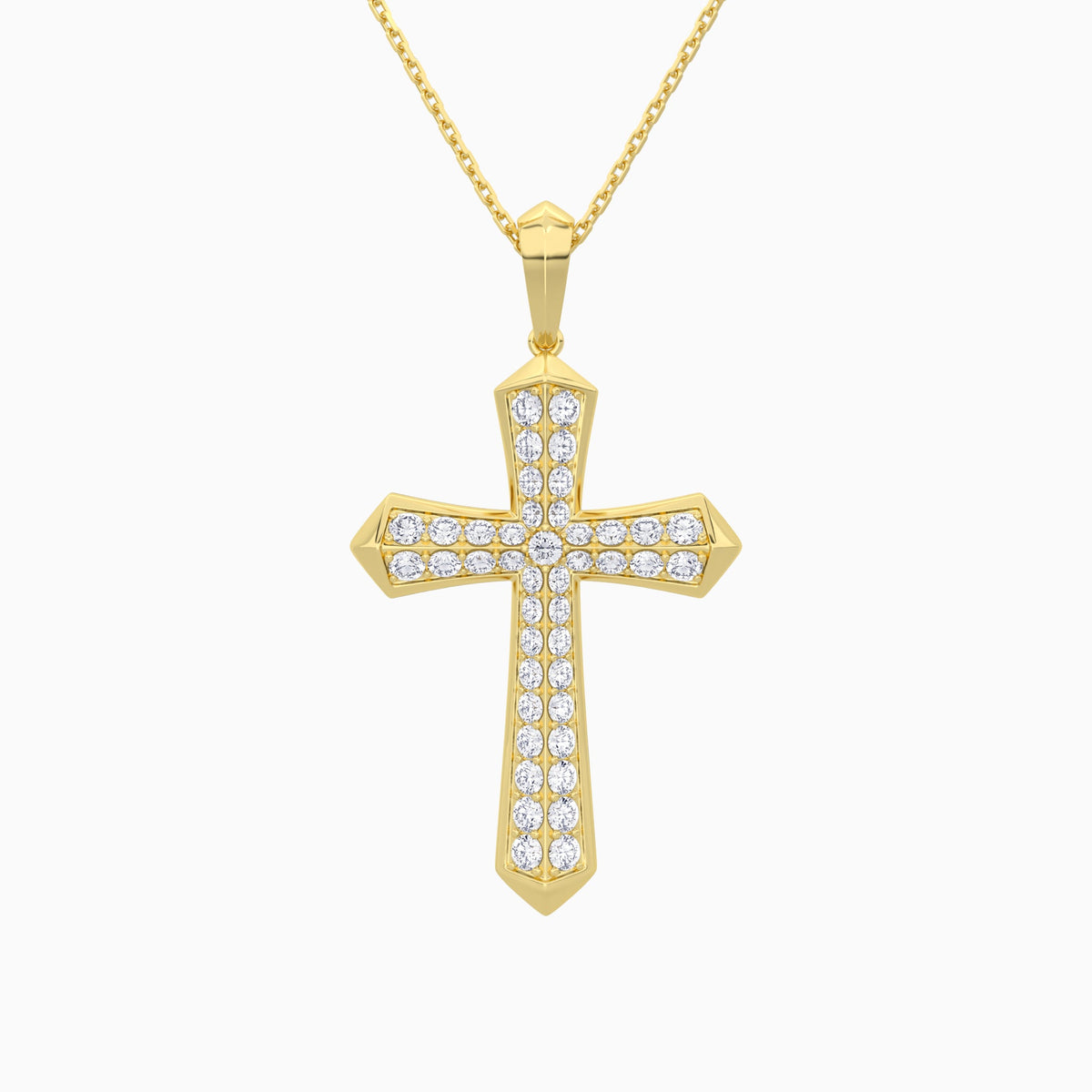 Round Lab Grown Diamond Flare Edge Cross Pendant Necklace In 18K Yellow Gold - Lucenjuri