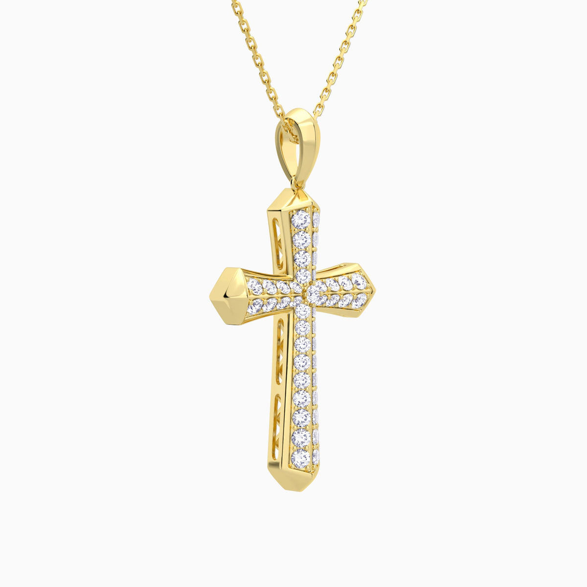 Round Lab Grown Diamond Flare Edge Cross Pendant Necklace In 18K Yellow Gold - Front Angle View