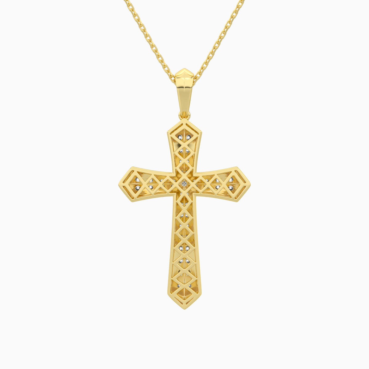 Round Lab Grown Diamond Flare Edge Cross Pendant Necklace In 18K Yellow Gold - Back View