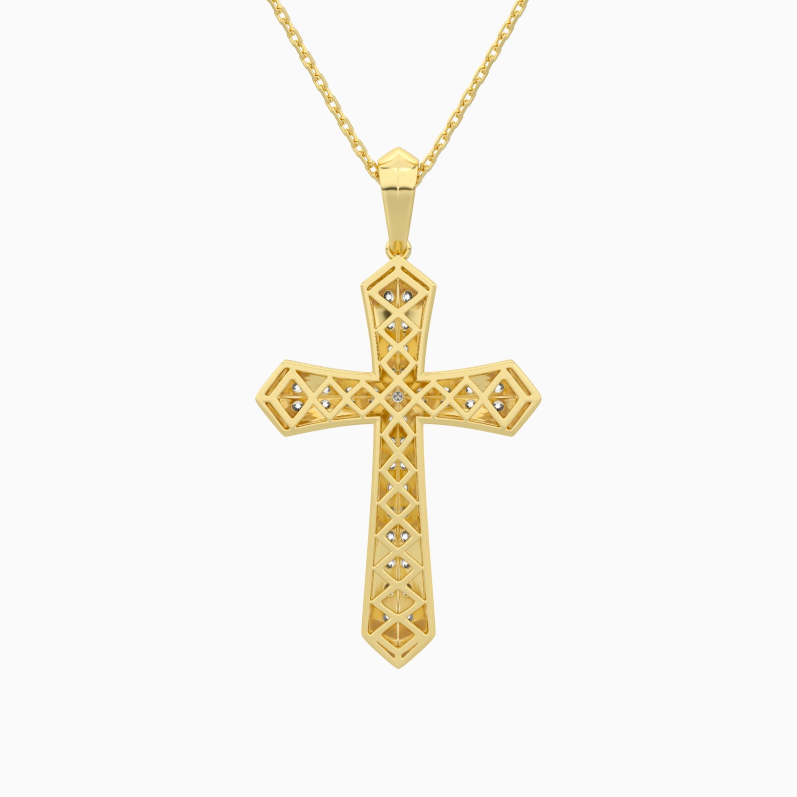 Round Lab Grown Diamond Flare Edge Cross Pendant Necklace In 14K Yellow Gold - Back View