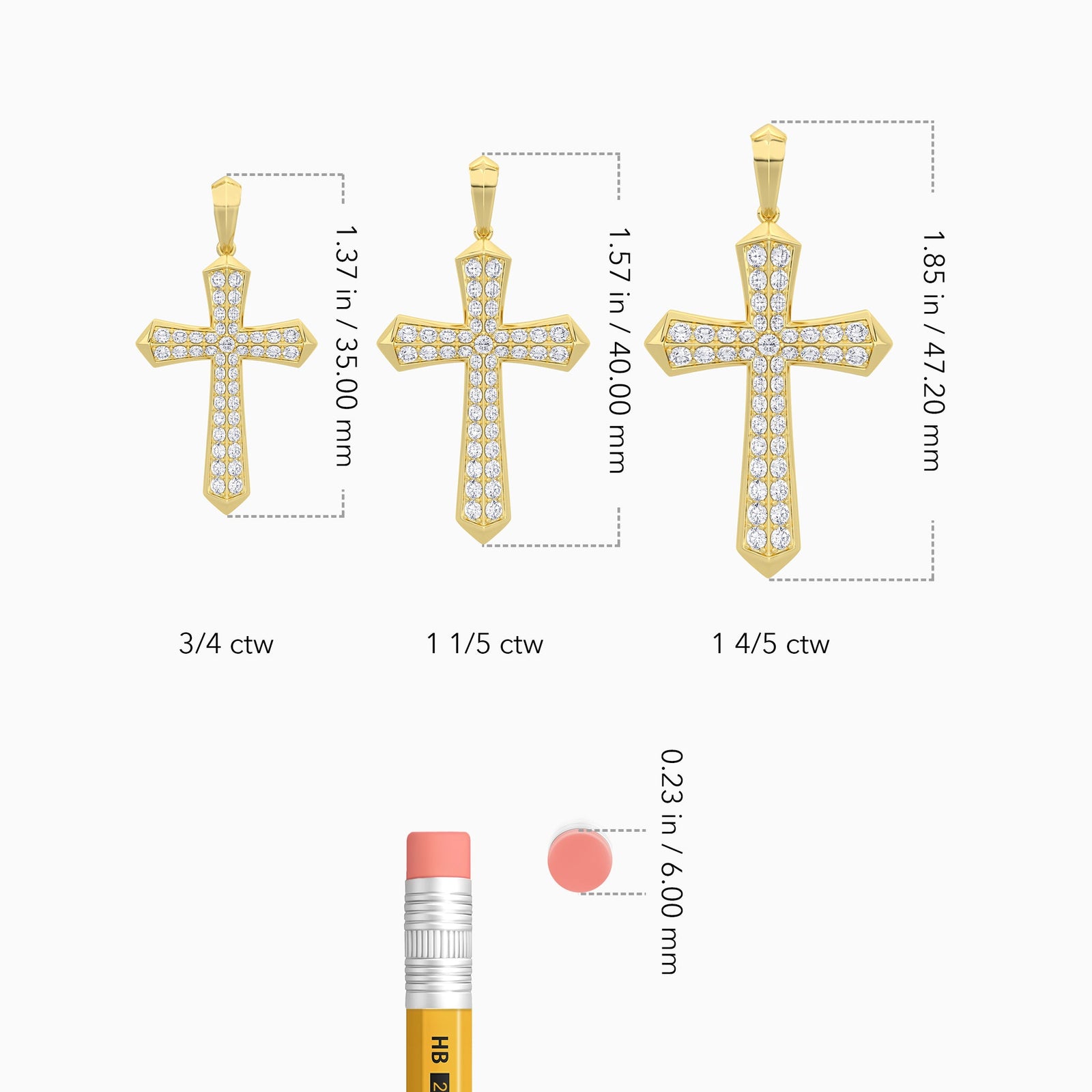 Round Lab Grown Diamond Flare Edge Cross Pendant Necklace In 14K Yellow Gold - Size Comparison