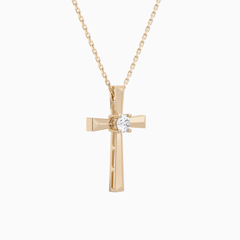 Round Solitaire Lab Grown Diamond Cross Pendant Necklace In 14K Rose Gold - Front Angle View