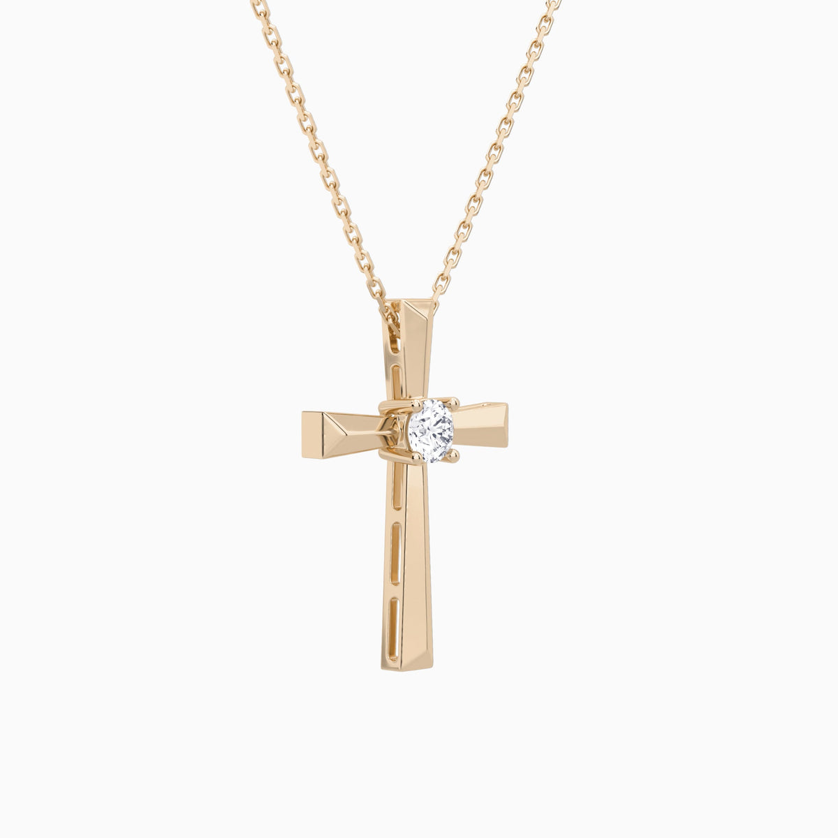 Round Solitaire Lab Grown Diamond Cross Pendant Necklace In 14K Rose Gold - Front Angle View
