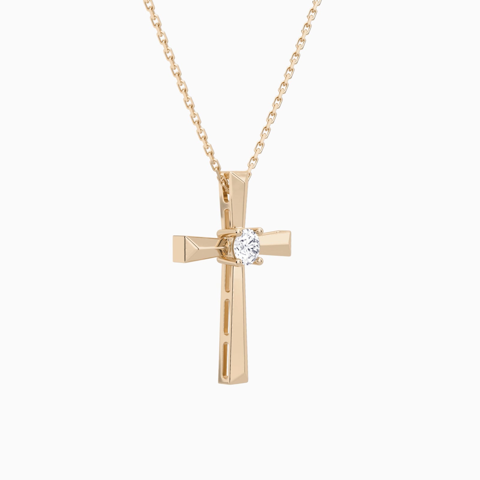 Round Solitaire Lab Grown Diamond Cross Pendant Necklace In 14K Rose Gold - Front Angle View