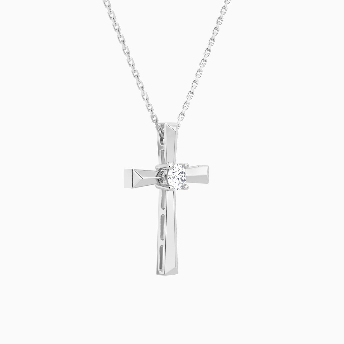 Round Solitaire Lab Grown Diamond Cross Pendant Necklace In 18K White Gold - Front Angle View