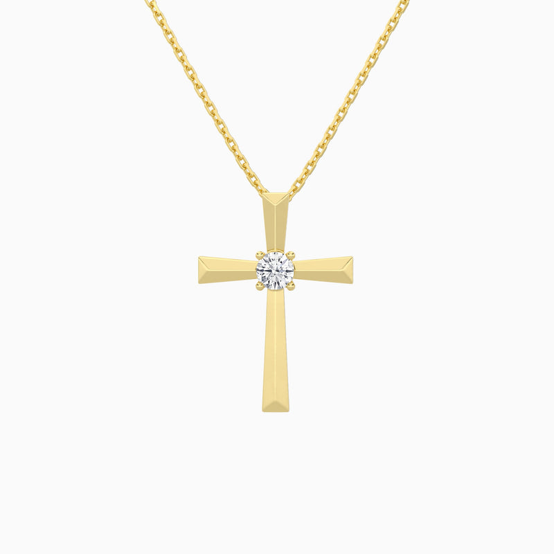 Round Solitaire Lab Grown Diamond Cross Pendant Necklace In 14K Yellow Gold - Lucenjuri