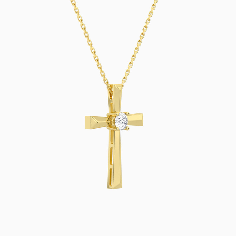 Round Solitaire Lab Grown Diamond Cross Pendant Necklace In 14K Yellow Gold - Front Angle View