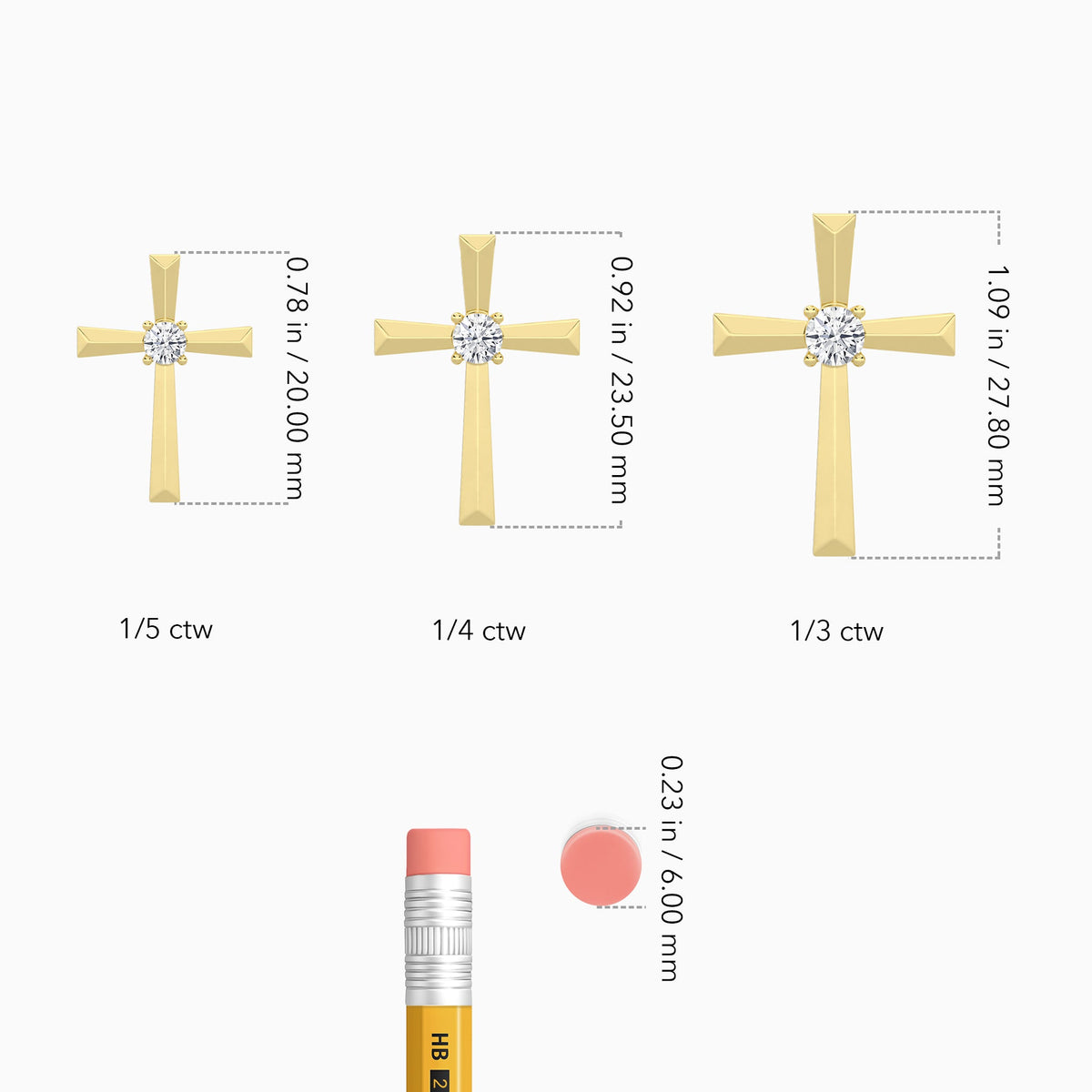 Round Solitaire Lab Grown Diamond Cross Pendant Necklace In 18K Yellow Gold - Size Comparison