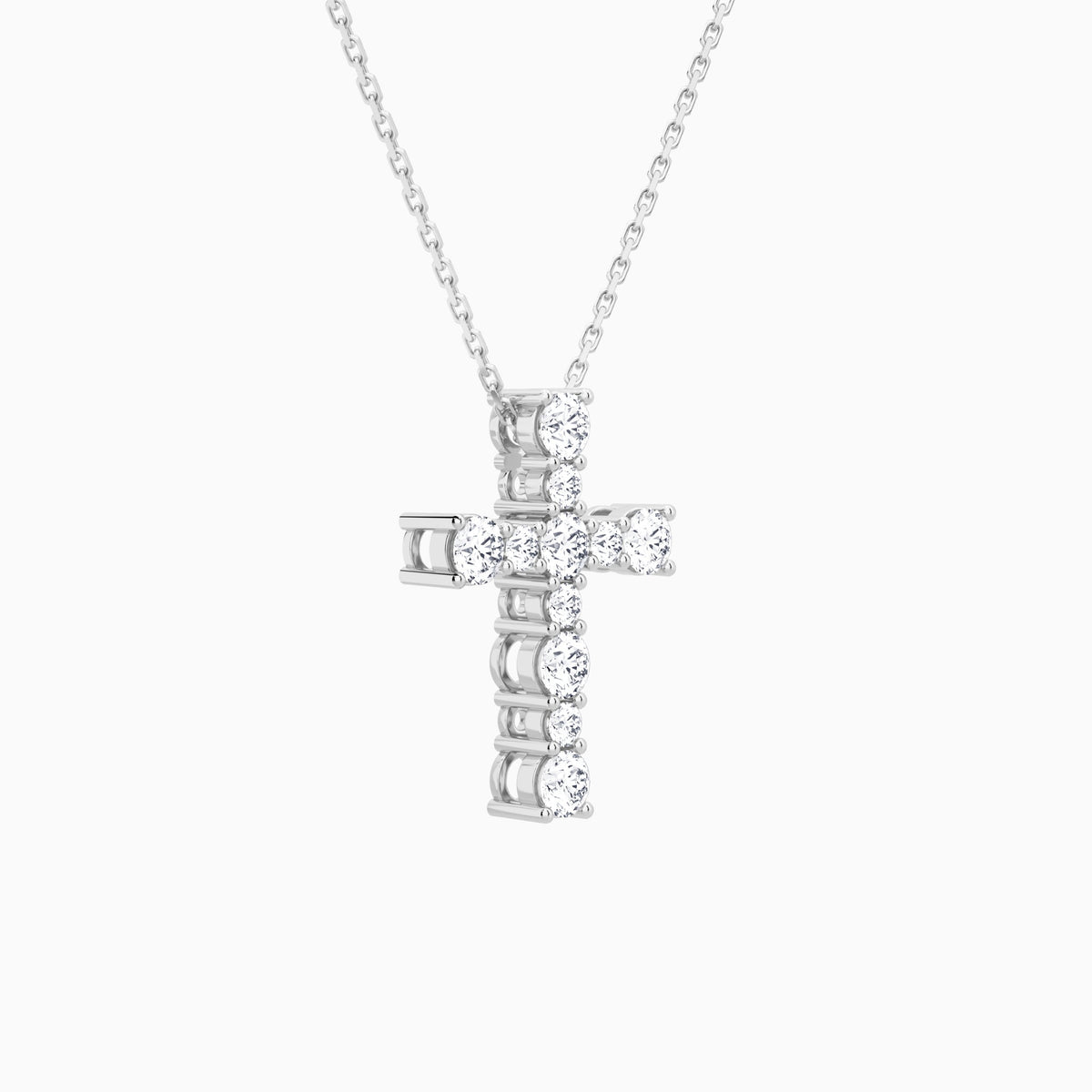 Round Lab Grown Diamond Prong Set Cross Pendant Necklace In 18K White Gold - Front Angle View
