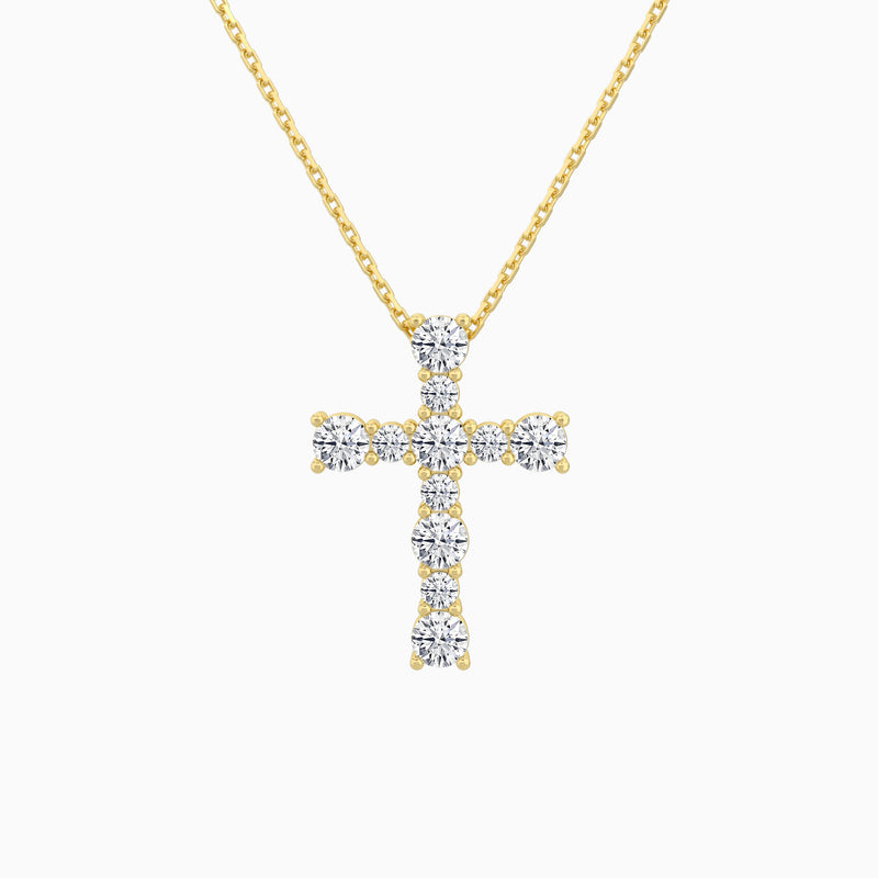 Round Lab Grown Diamond Prong Set Cross Pendant Necklace In 14K Yellow Gold - Lucenjuri