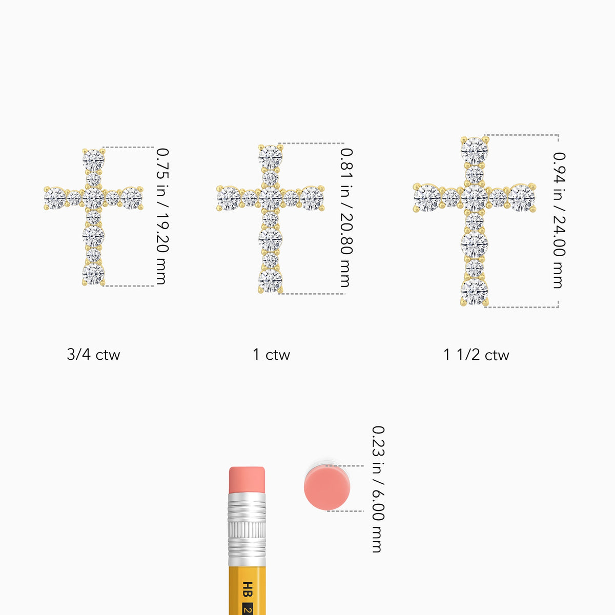 Round Lab Grown Diamond Prong Set Cross Pendant Necklace In 18K Yellow Gold - Size Comparison