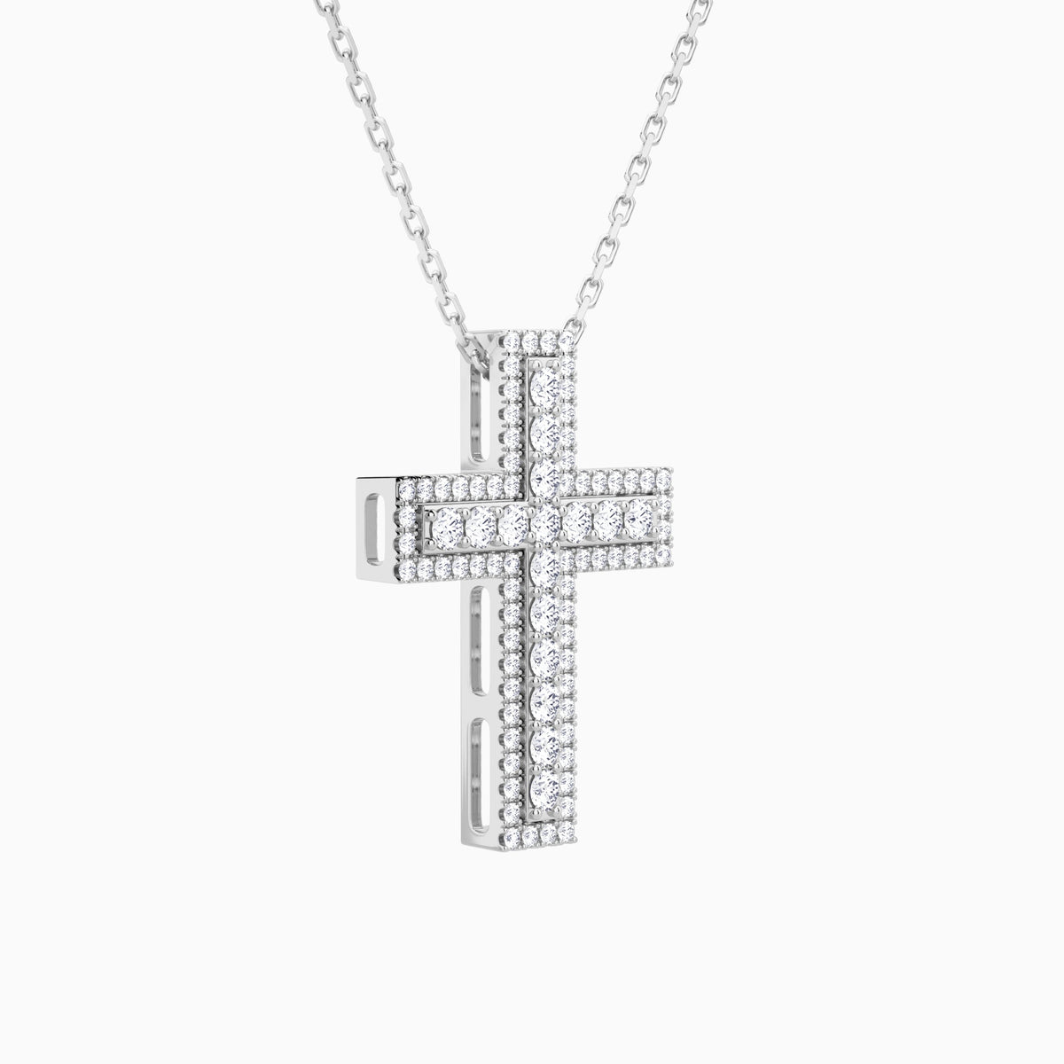 Lab Grown Diamond Pavé Edge Cross Pendant Necklace In 18K White Gold - Front Angle View